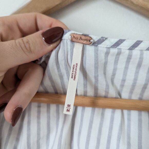 Free People white grey neutral stripe Caroline U-neck princess long sleeve top - Picture 3 of 6